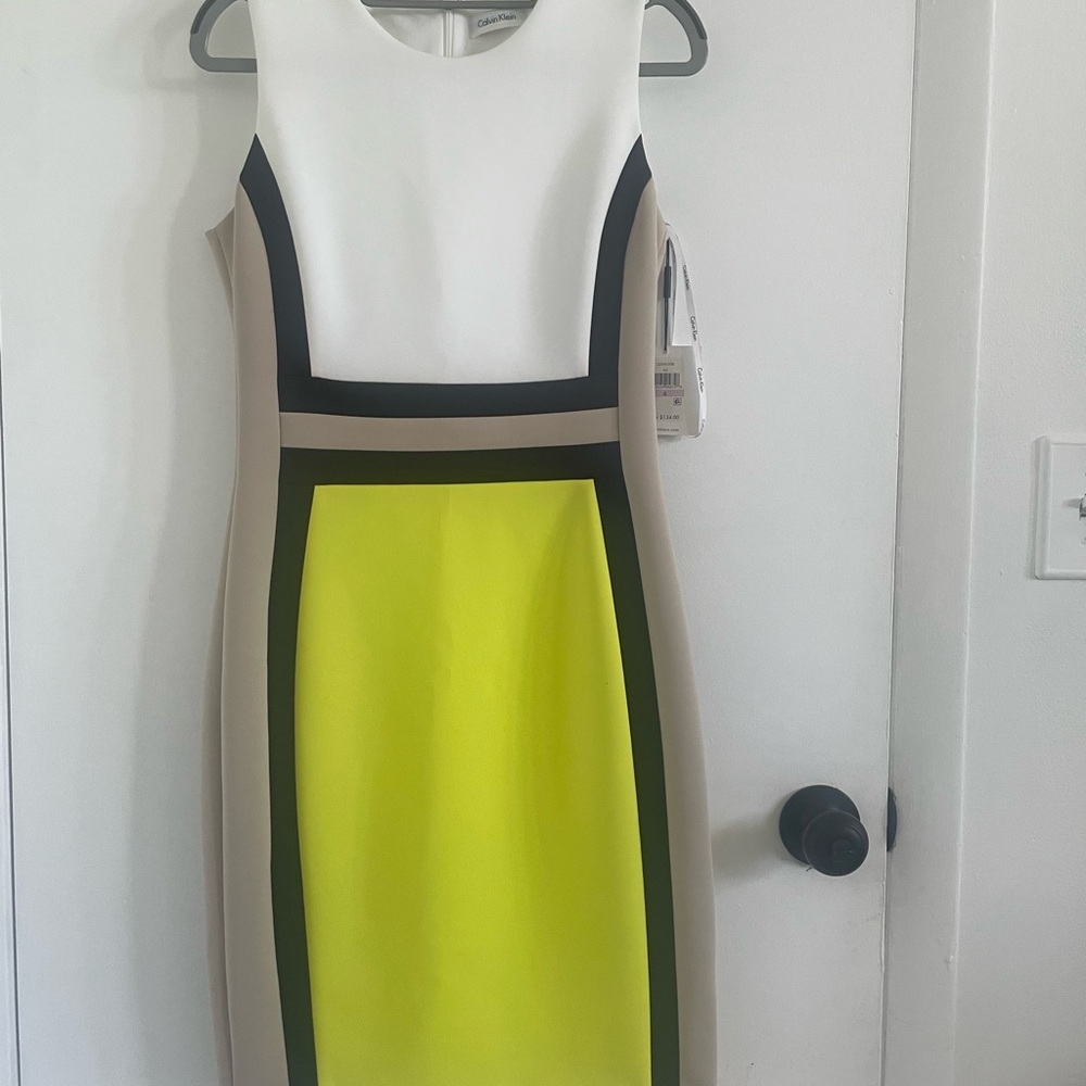 Calvin Klein Asymmetrical Black and Yellow Sheath Dress